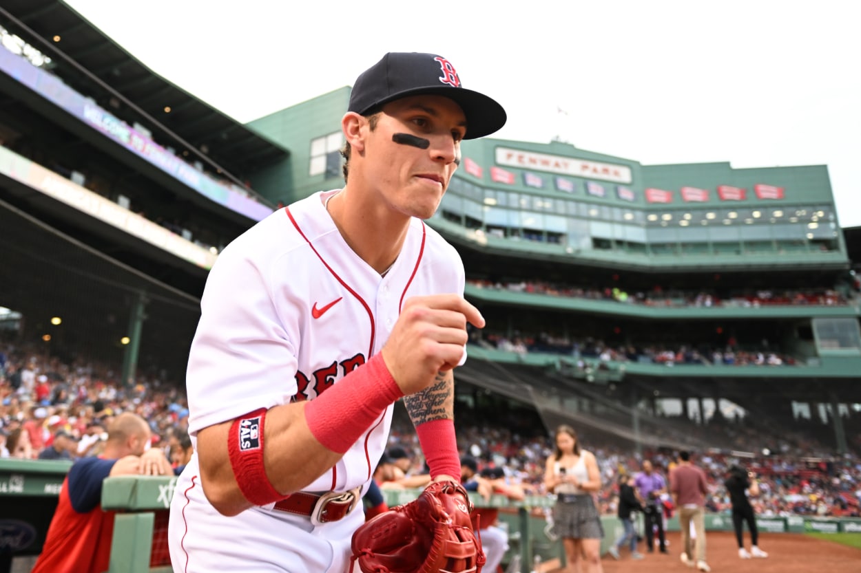 Jarren Duran of the Boston Red Sox runs out onto the field prior to the start of the game against the Tampa Bay Rays.