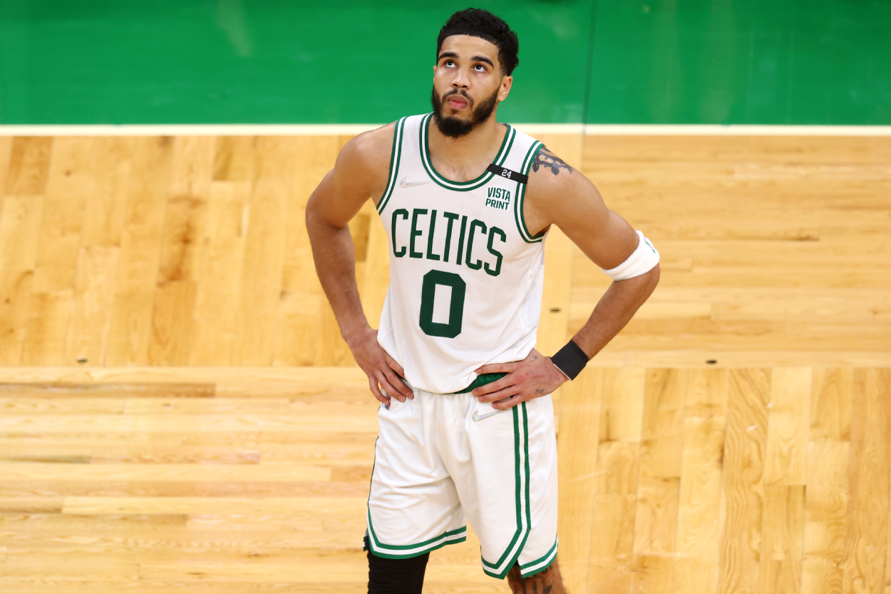 Jayson Tatum of the Boston Celtics reacts against the Golden State Warriors during the fourth quarter in Game 6 of the 2022 NBA Finals.