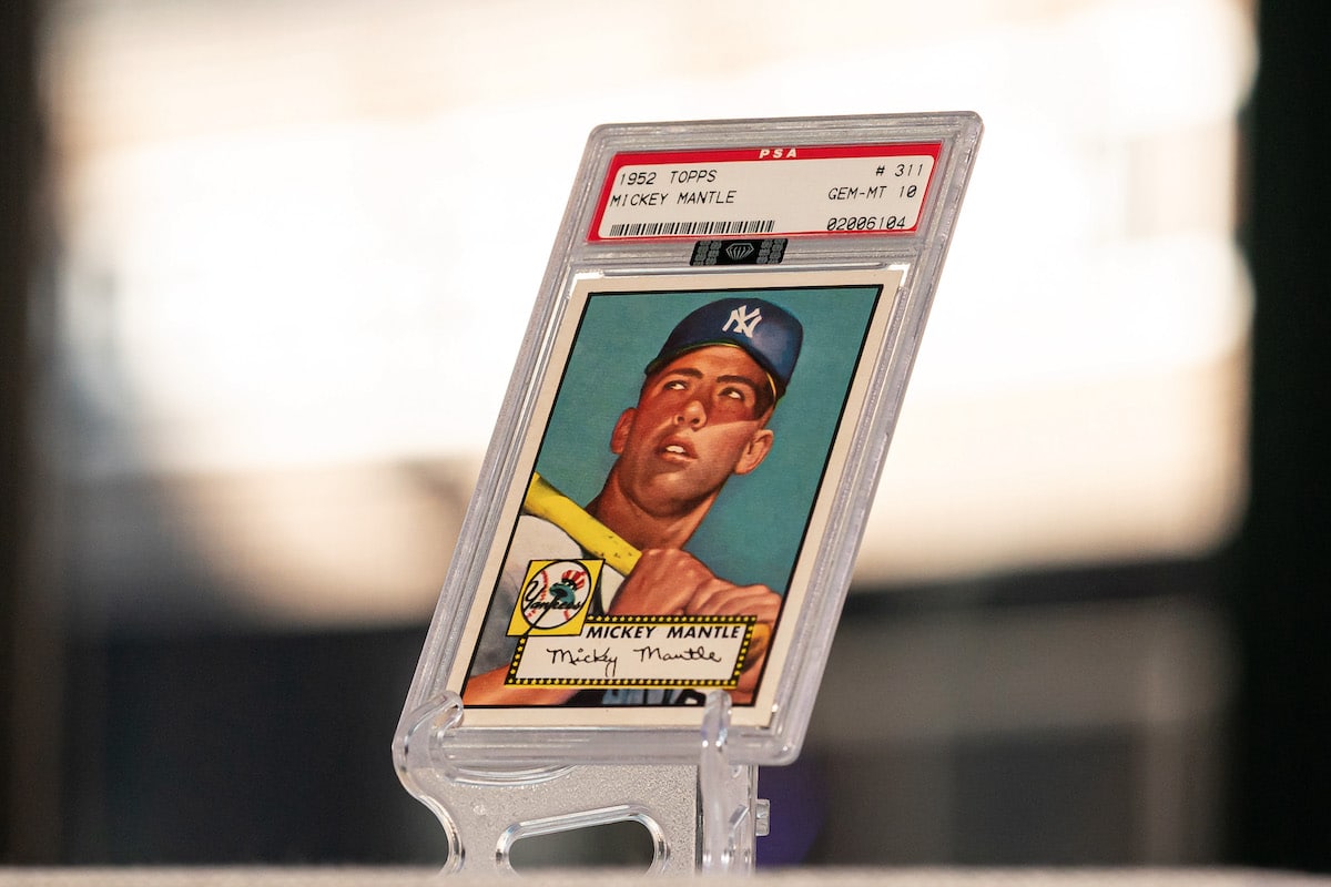 The 1952 Topps Mickey Mantle rookie card on display at McGregor Square's Rally Hotel