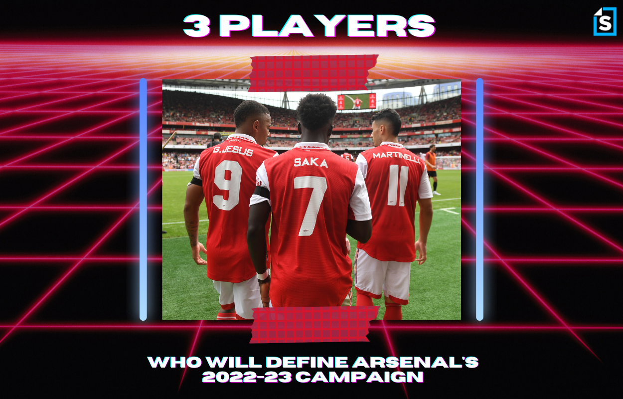 Gabriel Jesus, Bukayo Saka, and Gabriel Martinelli stand together during an Arsenal match.