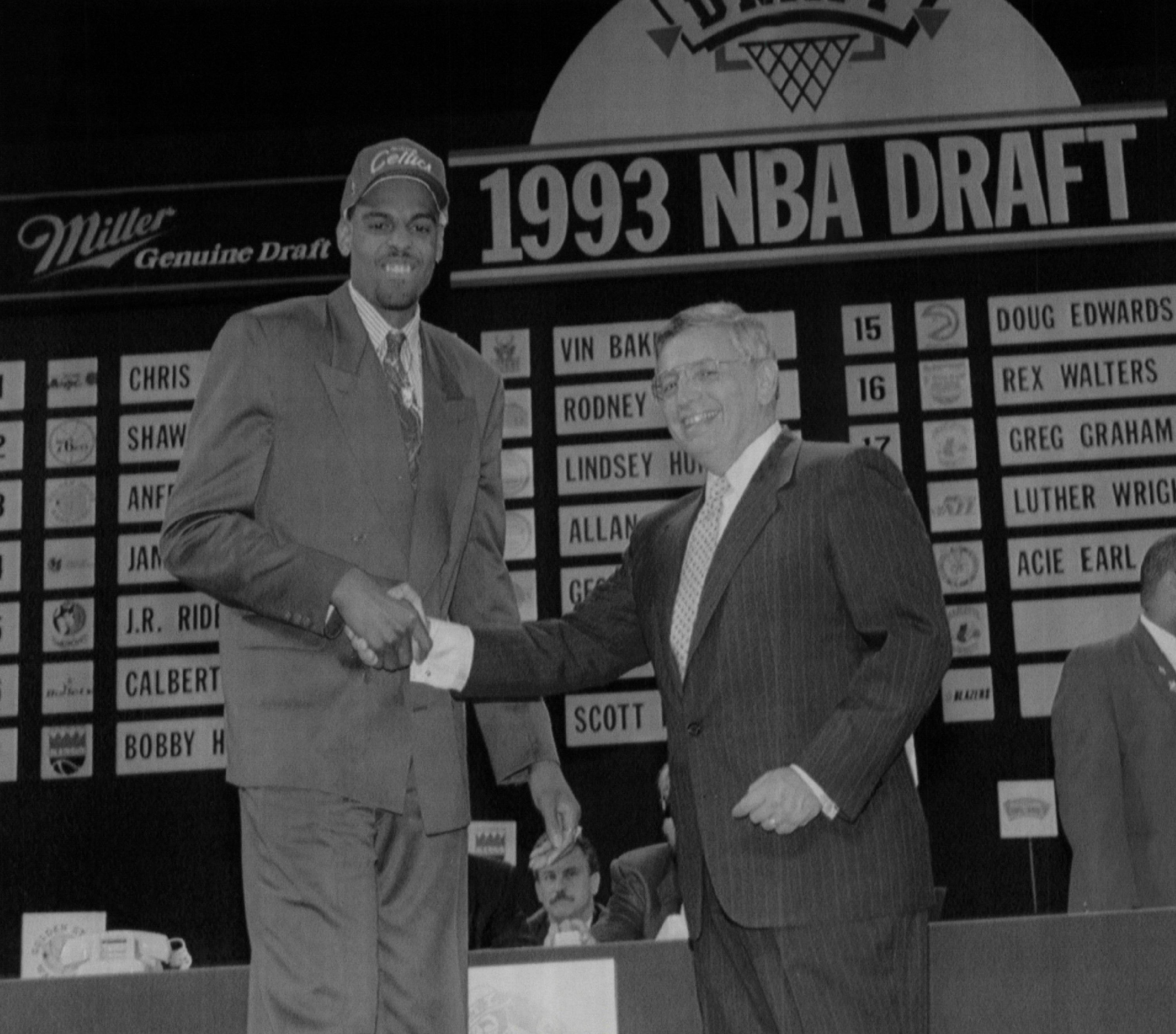 University of Iowa Hawkeye Acie Earl shakes hands with NBA Commissioner David Stern after being selected by the Boston Celtics.