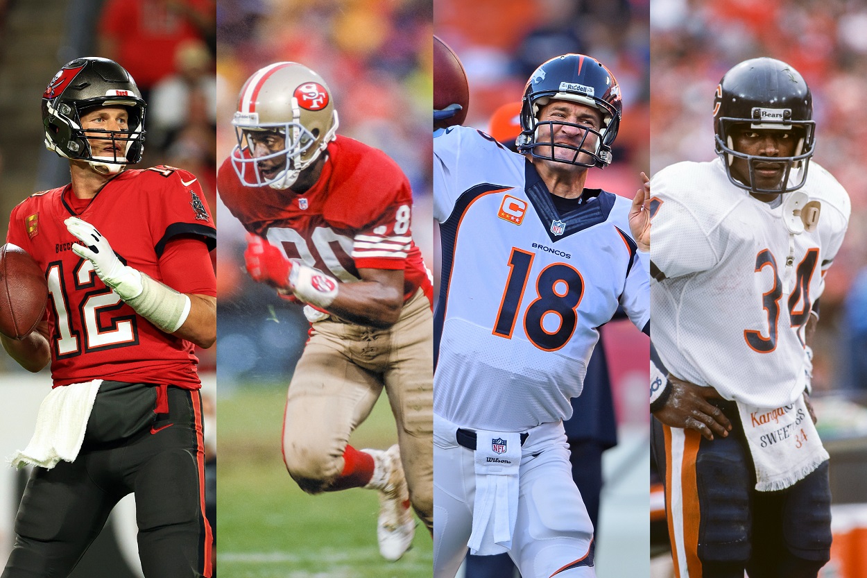 NFL legends Tom Brady, Jerry Rice, Peyton Manning, and Walter Payton
