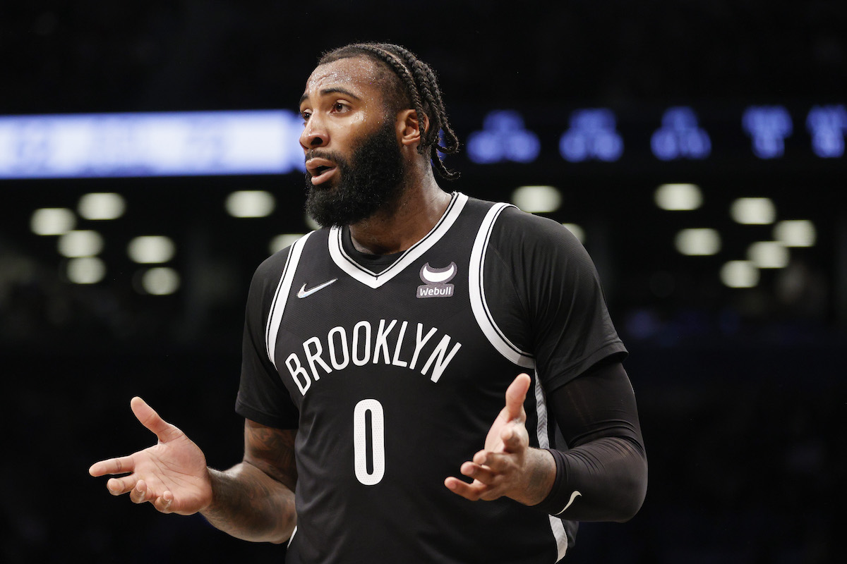 Andre Drummond of the Brooklyn Nets reacts during a game