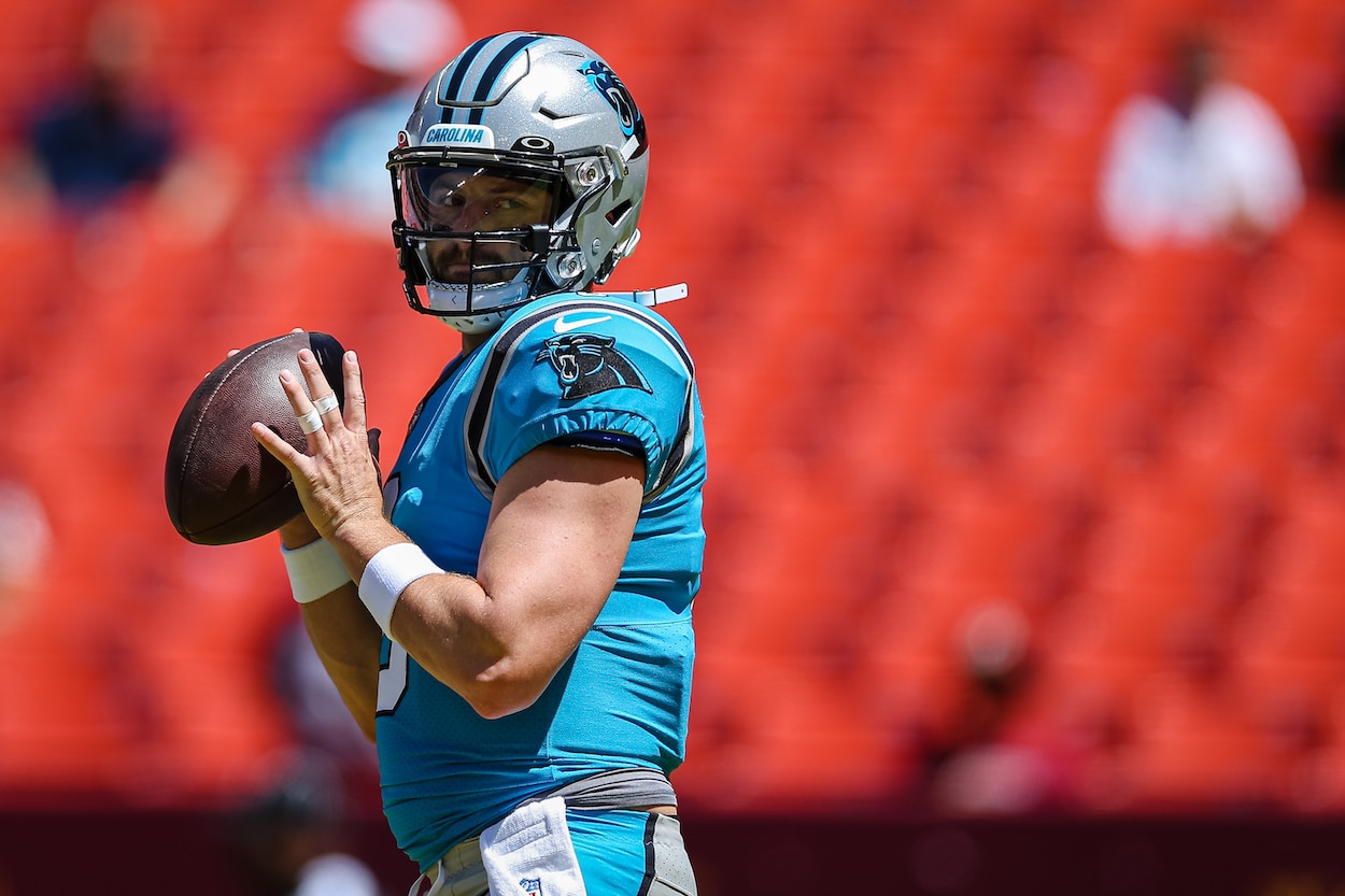 Baker Mayfield warms up before a preseason game.