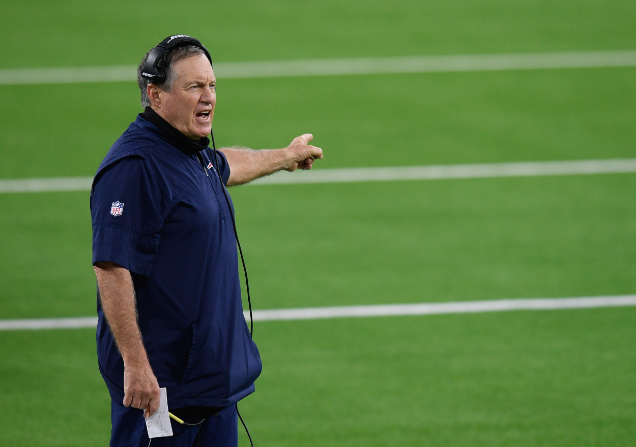 Head coach Bill Belichick of the New England Patriots complains to officials during a 24-3 Los Angeles Rams win.