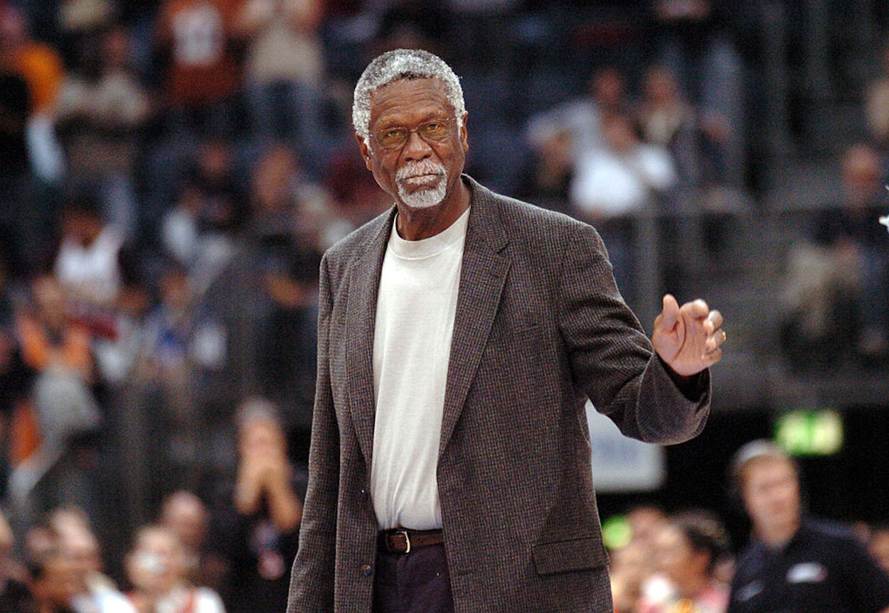 Bill Russell is introduced to the crowd ahead of an NBA game.