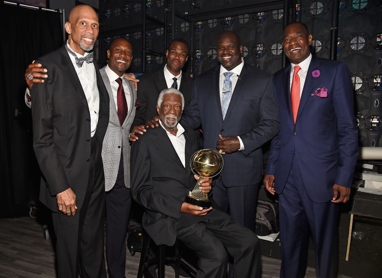 NBA legends Bill Russell (seated) and Shaquille O'Neal (second from right) at the 2017 NBA Awards Live.