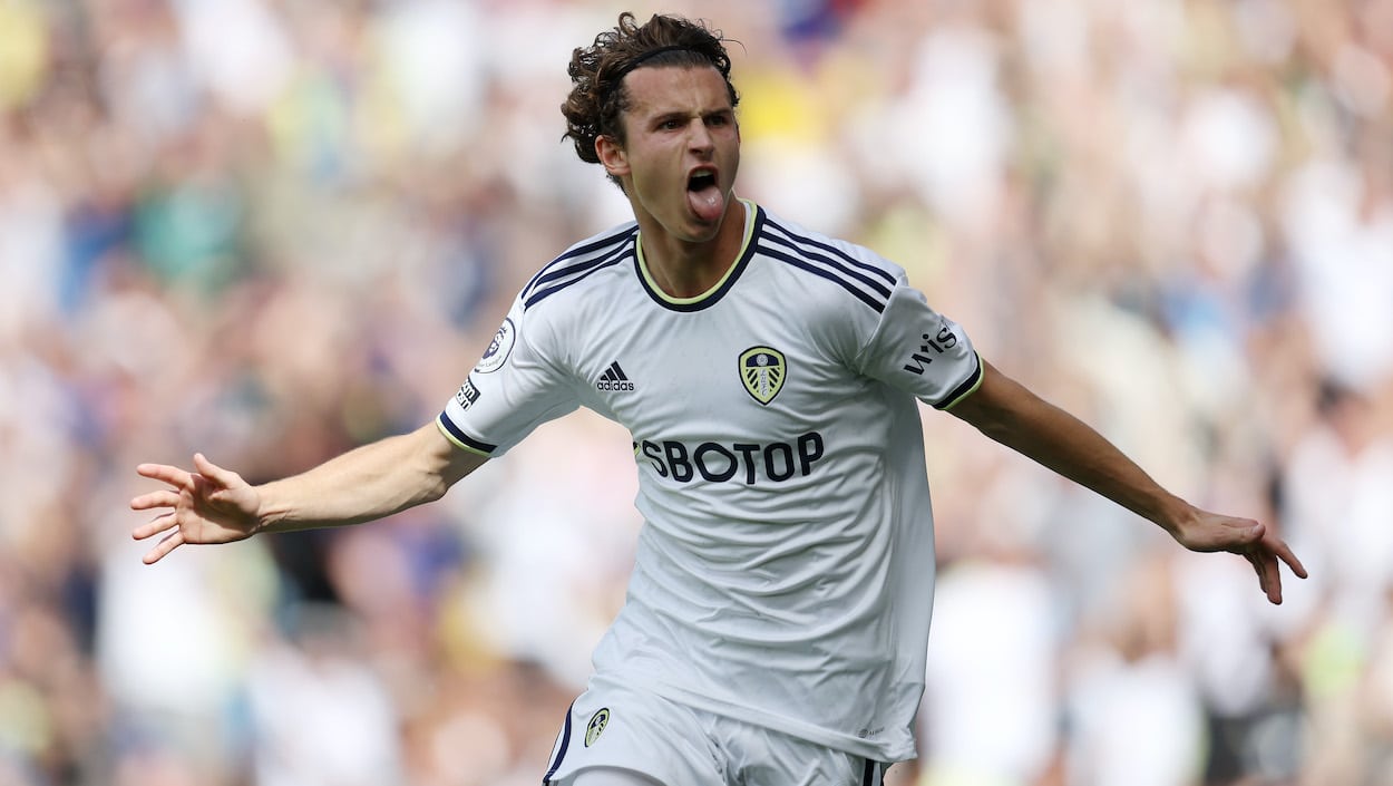 Brenden Aaronson of Leeds United celebrates scoring their side's first goal during the Premier League match between Leeds United and Chelsea FC.