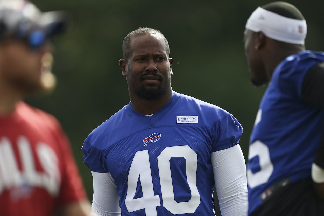 Von Miller of the Buffalo Bills looks on during Bills training camp.