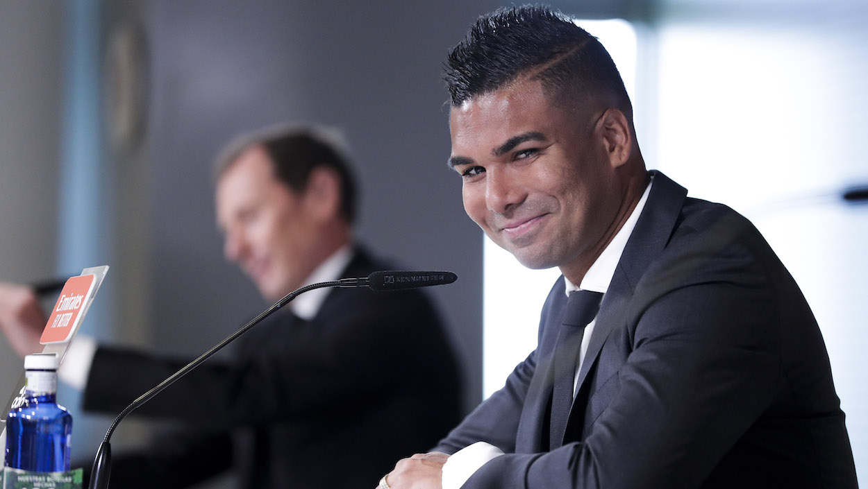 New Manchester United player Casemiro at his Real Madrid farewell press conference.