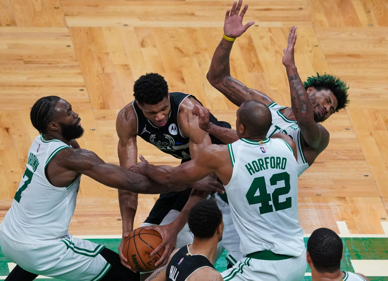 The Boston Celtics defense was relentless in its coverage of Milwaukee Bucks forward Giannis Antetokounmpo.