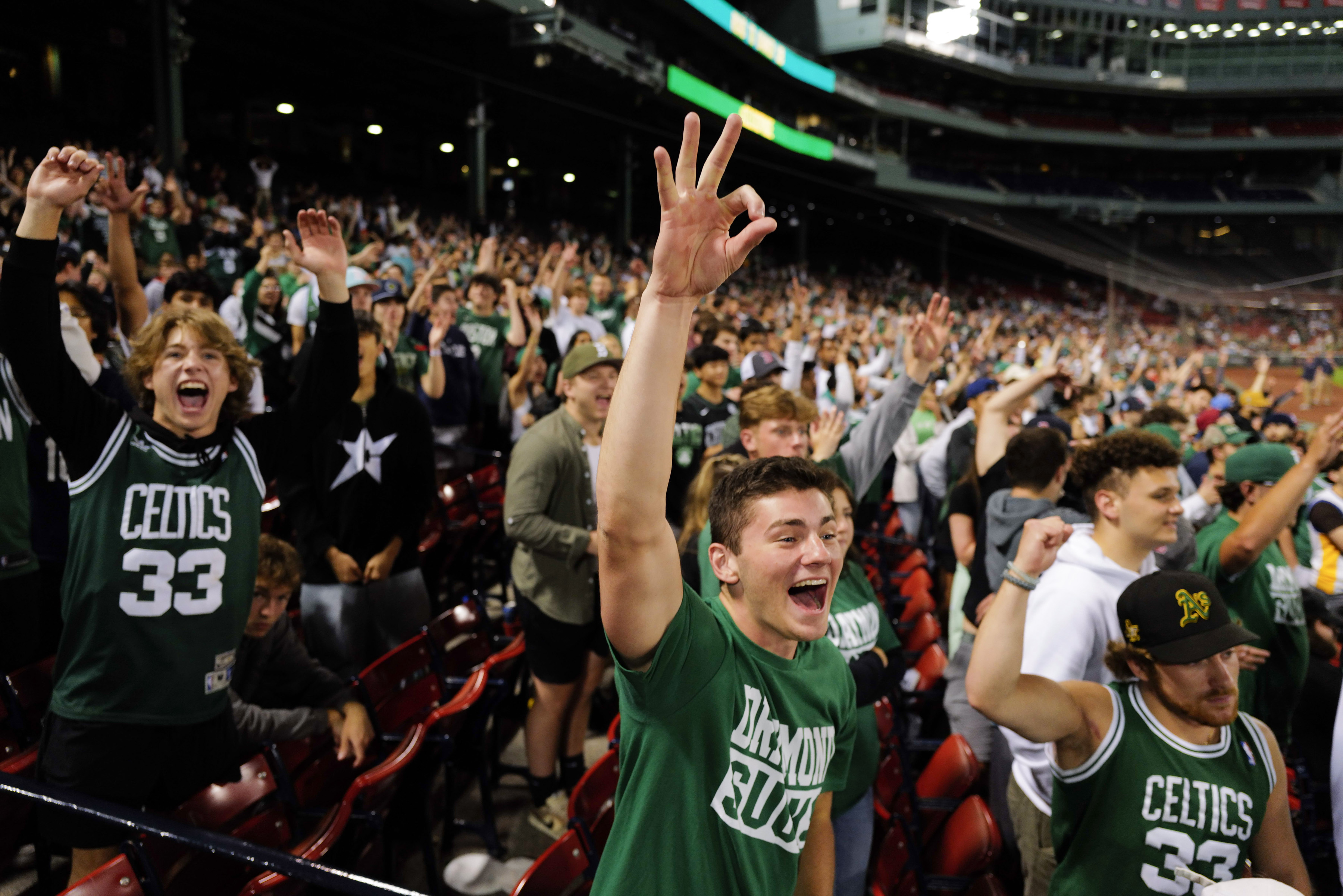 Boston Celtics fans gather at the free watch party at Fenway Park.