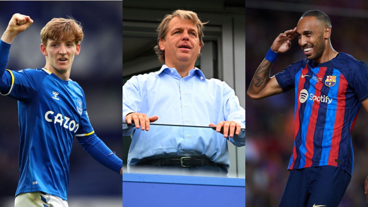 Everton's Anthony Gordon (L), Chelsea owner Todd Boehly (C), and Barcelona foward Pierre-Emerick Aubameyang.