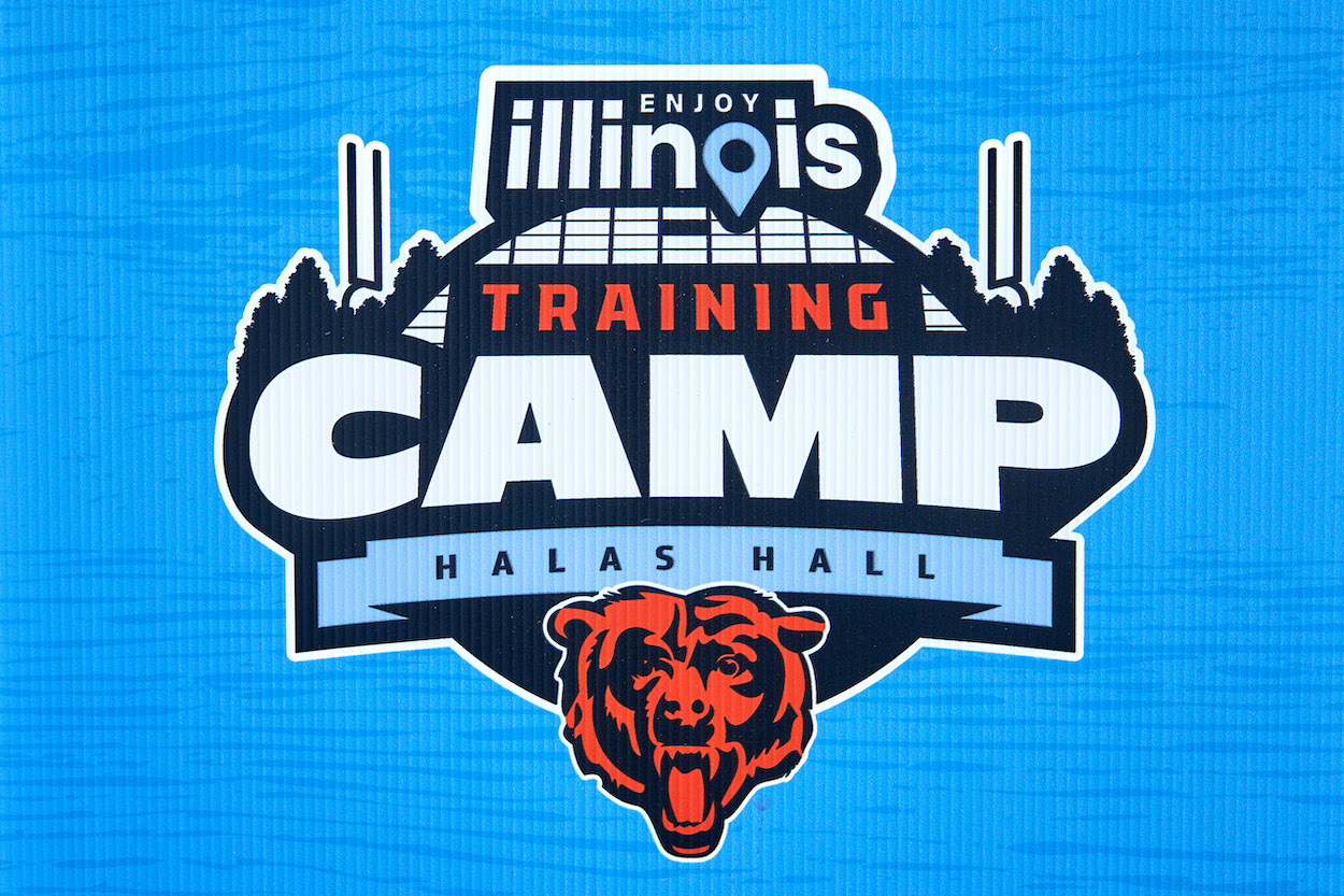 A detail view of the Chicago Bears Training Camp logo is seen on a banner during the the Chicago Bears Training Camp on July 30, 2022 at Halas Hall in Lake Forest, IL.
