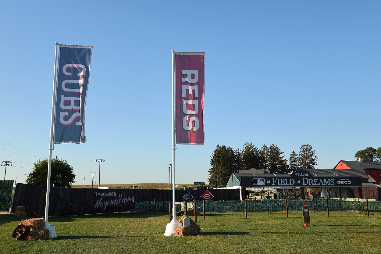 Signs for the Cubs and Reds ahead of the 2022 MLB Field of Dreams Game