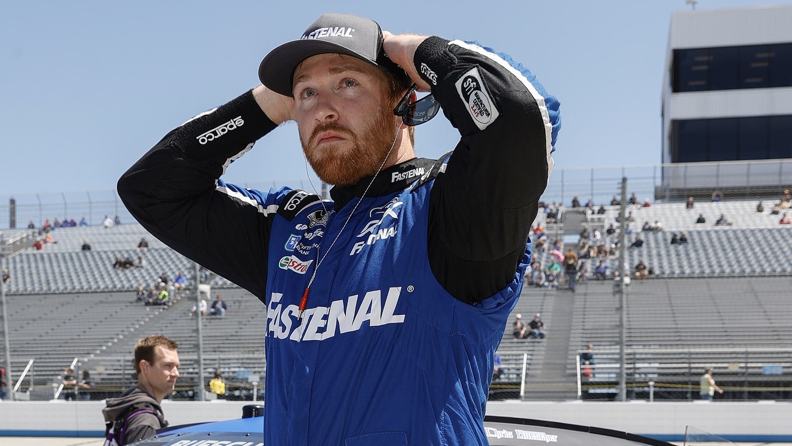 Chris Buescher waits on the grid during qualifying for the DuraMAX Drydene 400 at Dover Motor Speedway on April 30, 2022.