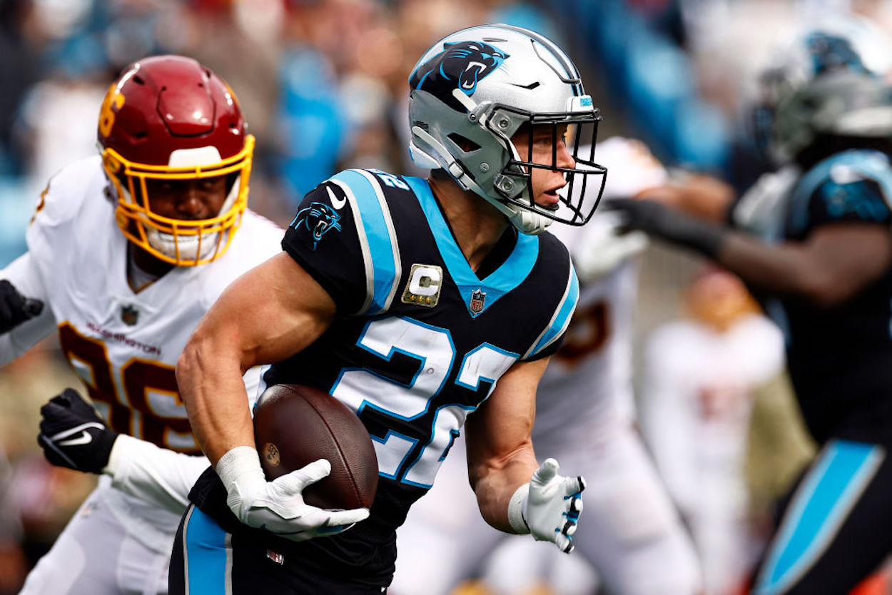 Running back Christian McCaffrey carries the ball for the Carolina Panthers