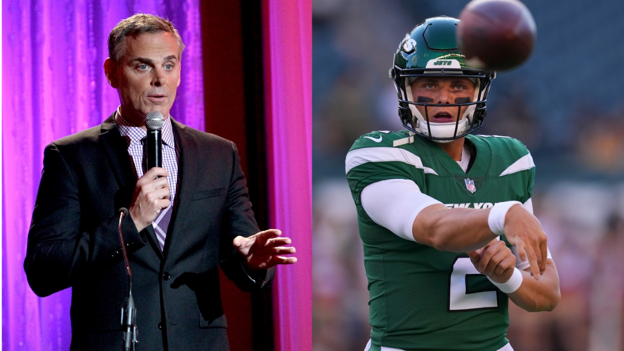 (L-R) Sports talk host Colin Cowherd in 2016, New York Jets QB Zach Wilson before injury in 2022.