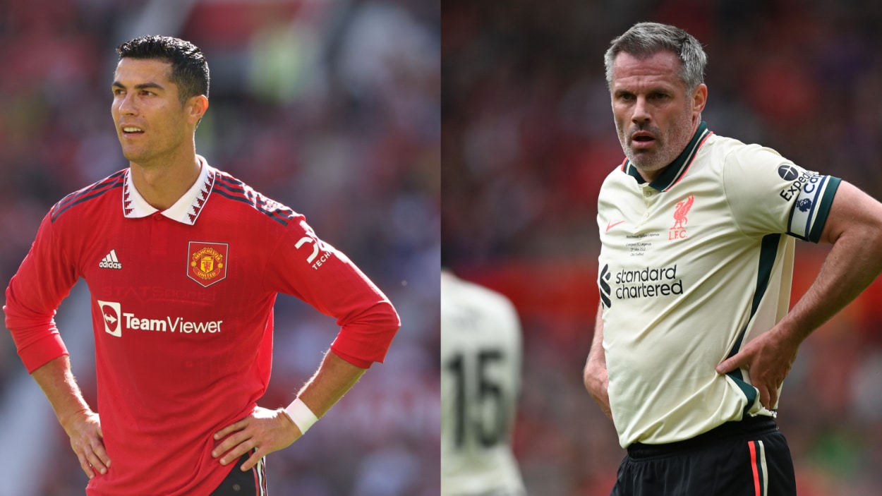 (L-R) Manchester United star Cristiano Ronaldo; Liverpool legend Jamie Carragher.