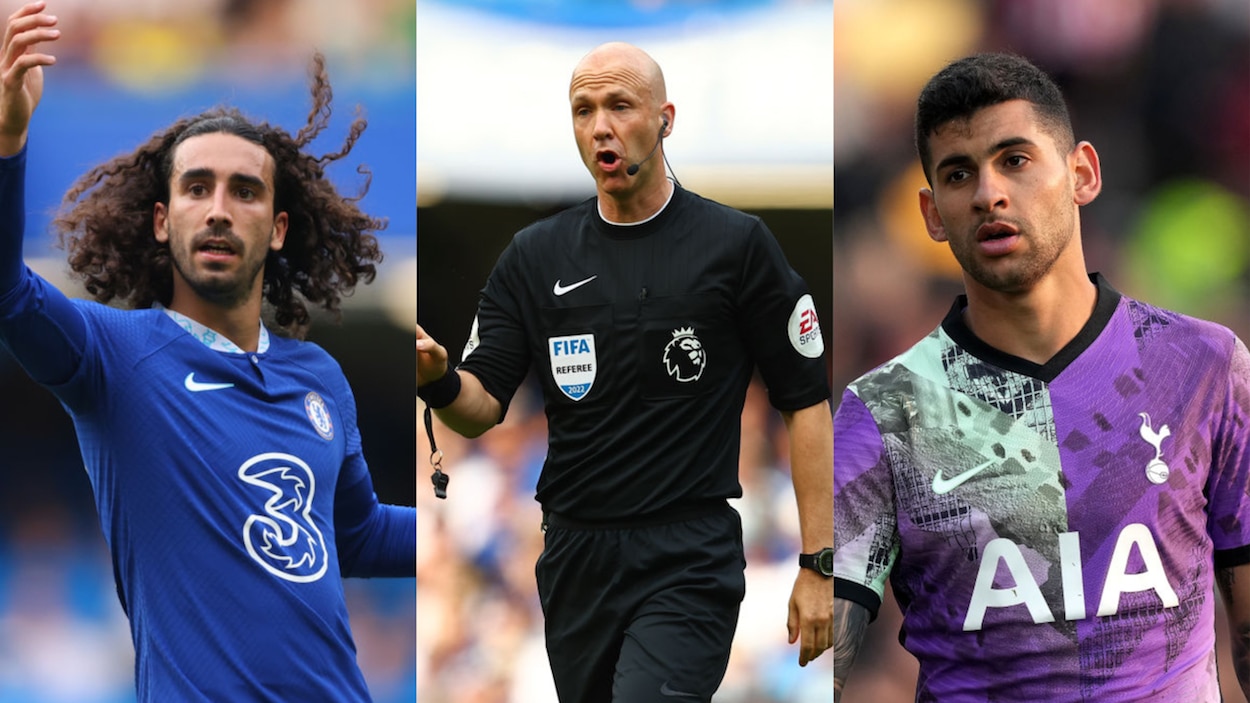 Chelsea defender Marc Cucurella (L), referee Anthony Taylor (C), and Tottenham defender Christian Romero (R)