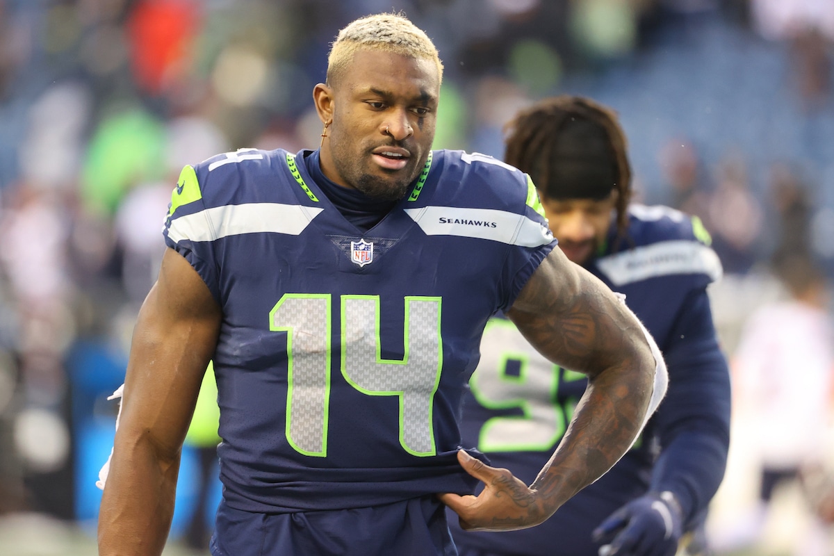 DK Metcalf of the Seattle Seahawks reacts after a loss