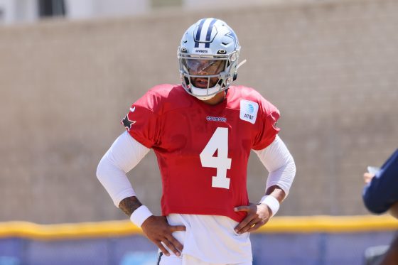 Dak Prescott looks on during practice.