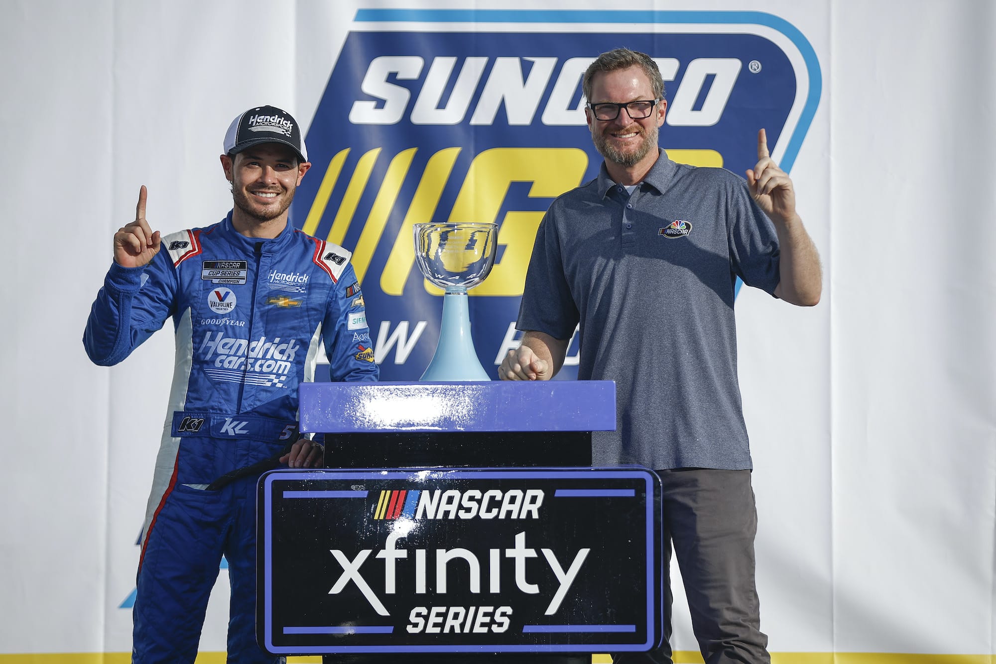 Dale Earnhardt Jr. and Kyle Larson celebrate