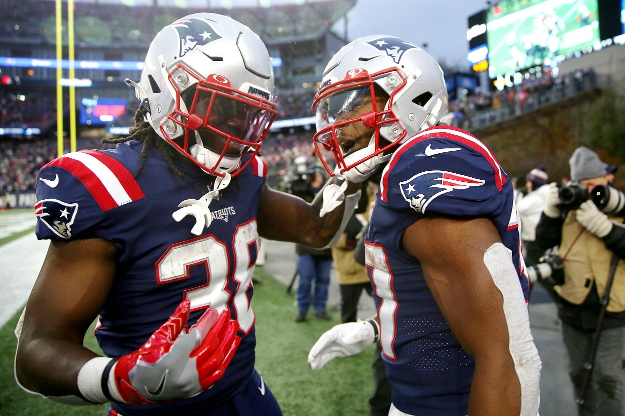 Damien Harris and Rhamondre Stevenson during a Patriots-Titans matchup in November 2021