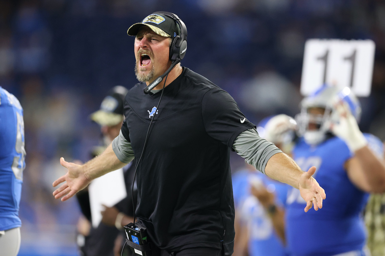 Dan Campbell yells during a game.