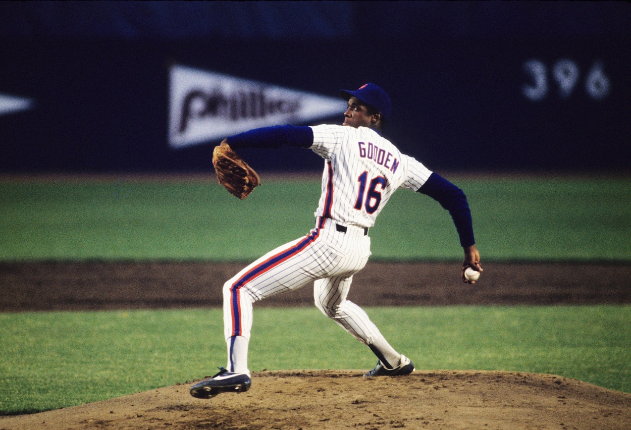 Dwight Gooden during a Mets-Expos MLB matchup in 1984
