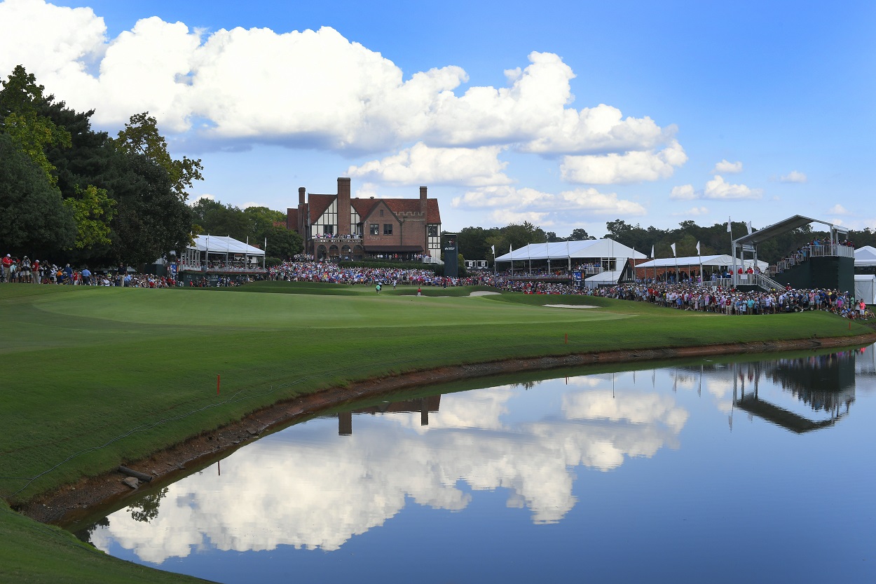 A scenic view of the 18th hole at East Lake Golf Club