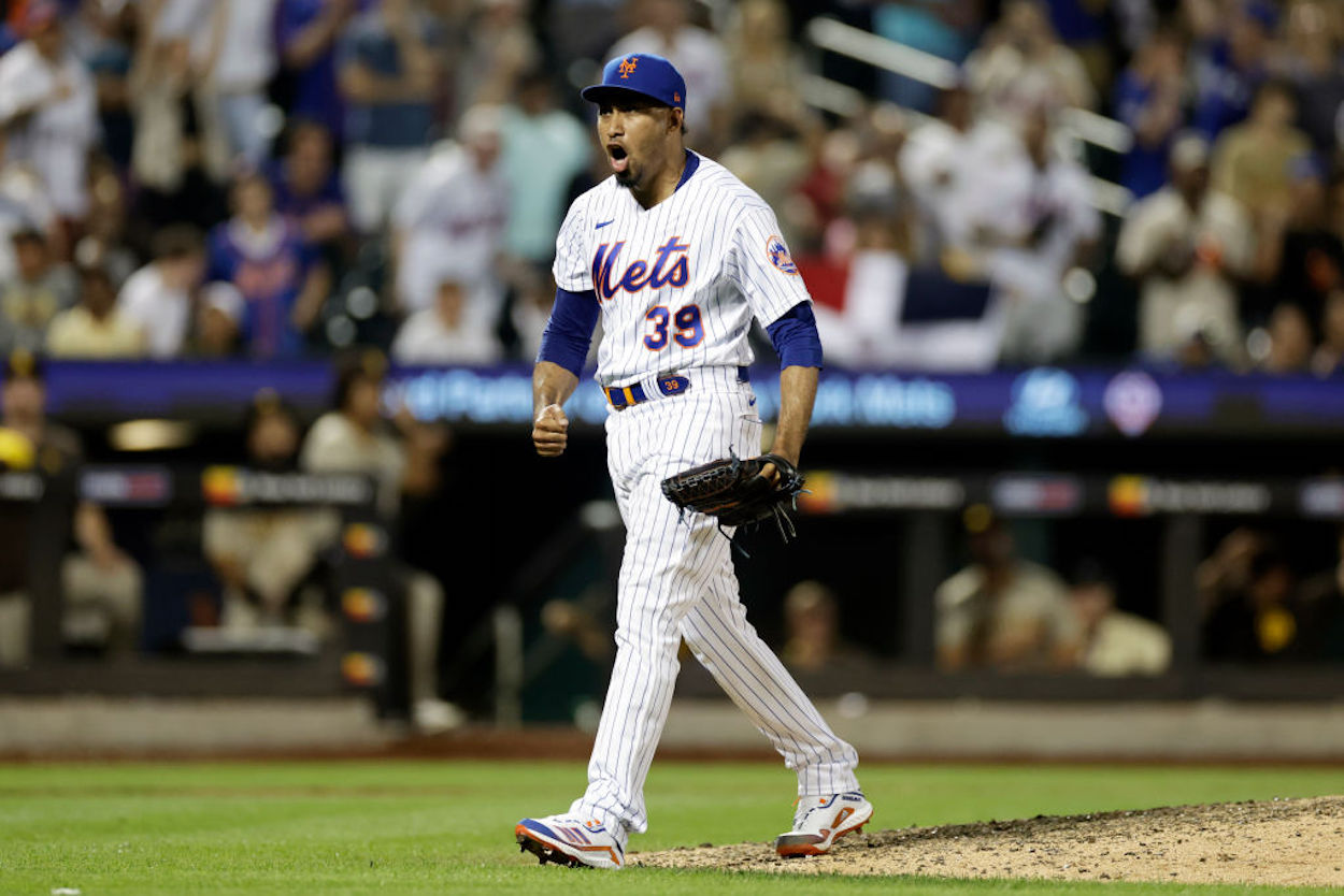 New York Mets pitcher Edwin Diaz reacts on the mound.