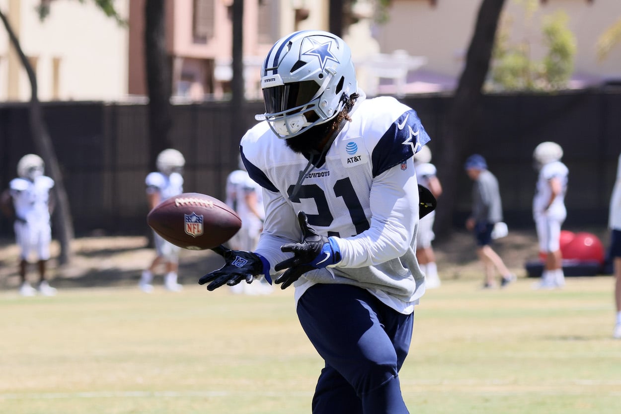 Ezekiel Elliott catches a pass during training camp.