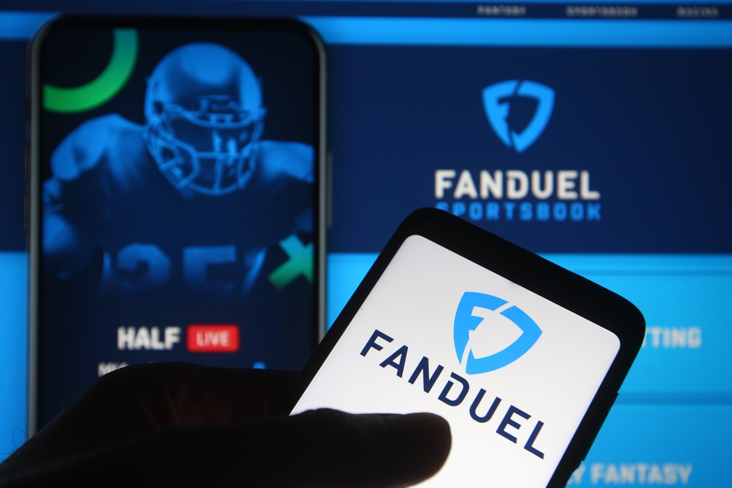 In this photo illustration the FanDuel logo of a sports betting company is seen on a smartphone.