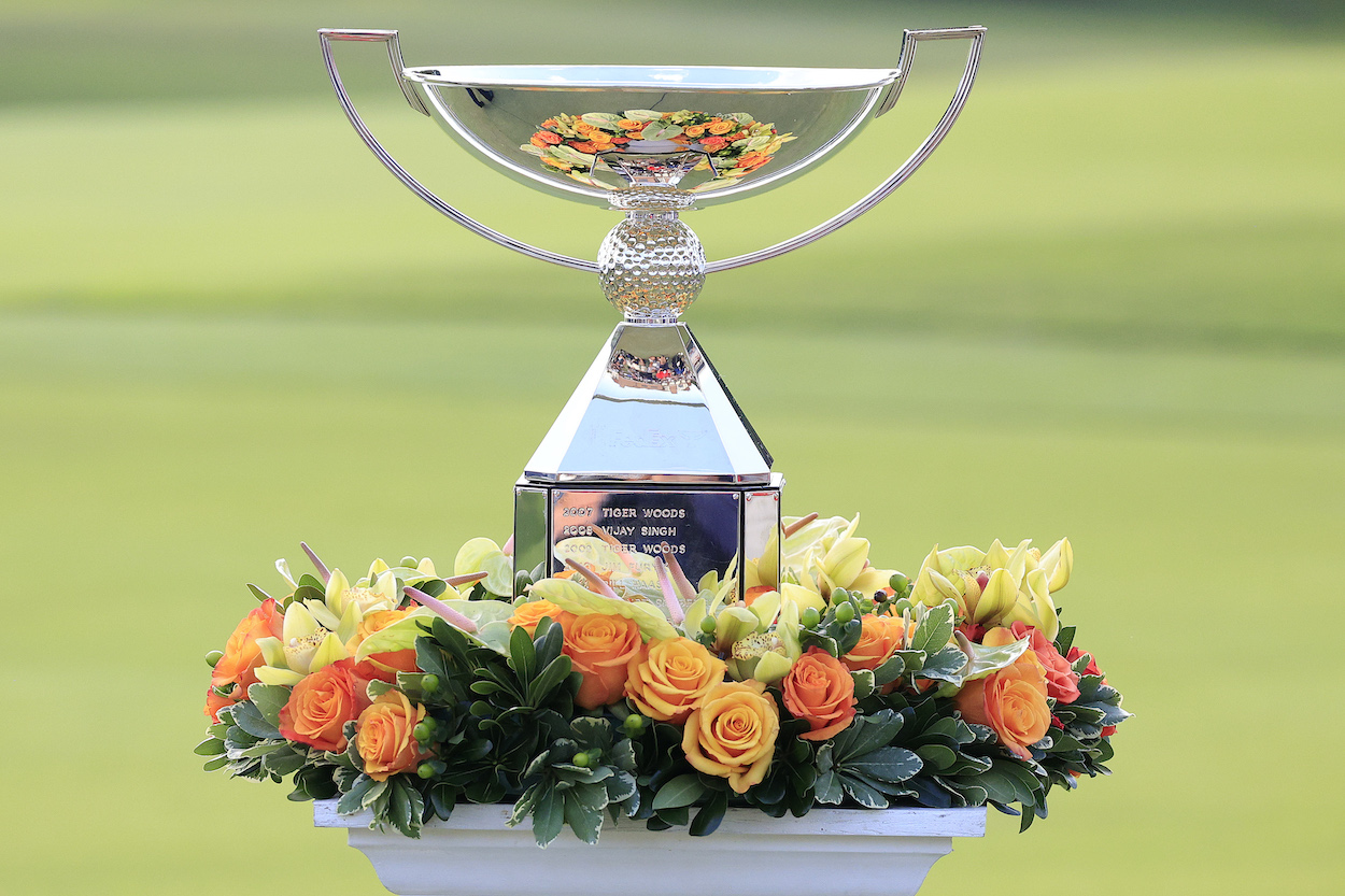 The FedEx Cup trophy is shown.