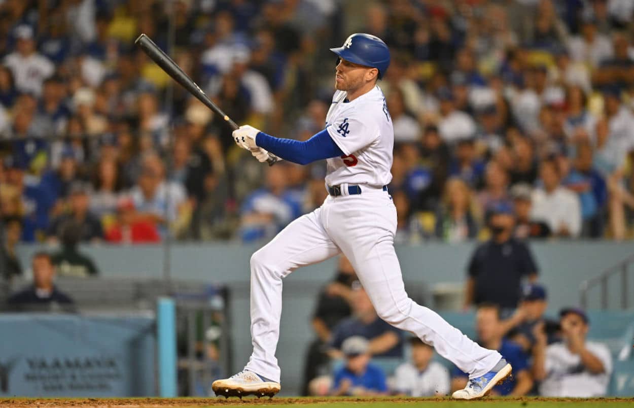 Los Angeles Dodgers star Freddie Freeman swings at the plate.