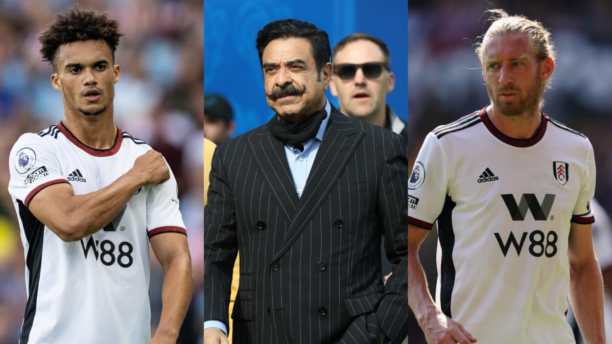 Fulham FC defenders Antonee Robinson (L) and Tim Ream (R) as well as the Premier League club's owner, Shad Khan.