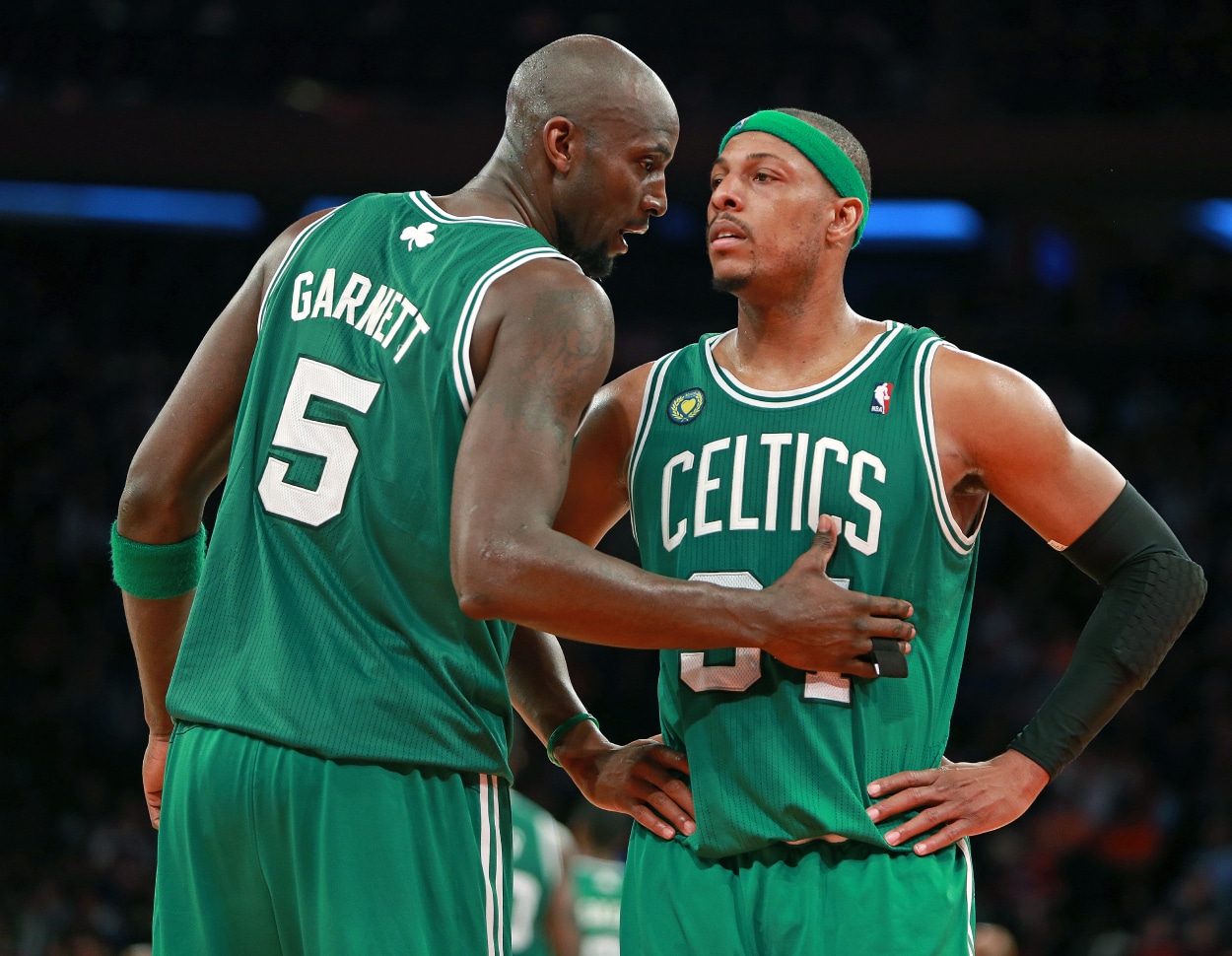 Boston Celtics stars Kevin Garnett and Paul Pierce share a moment