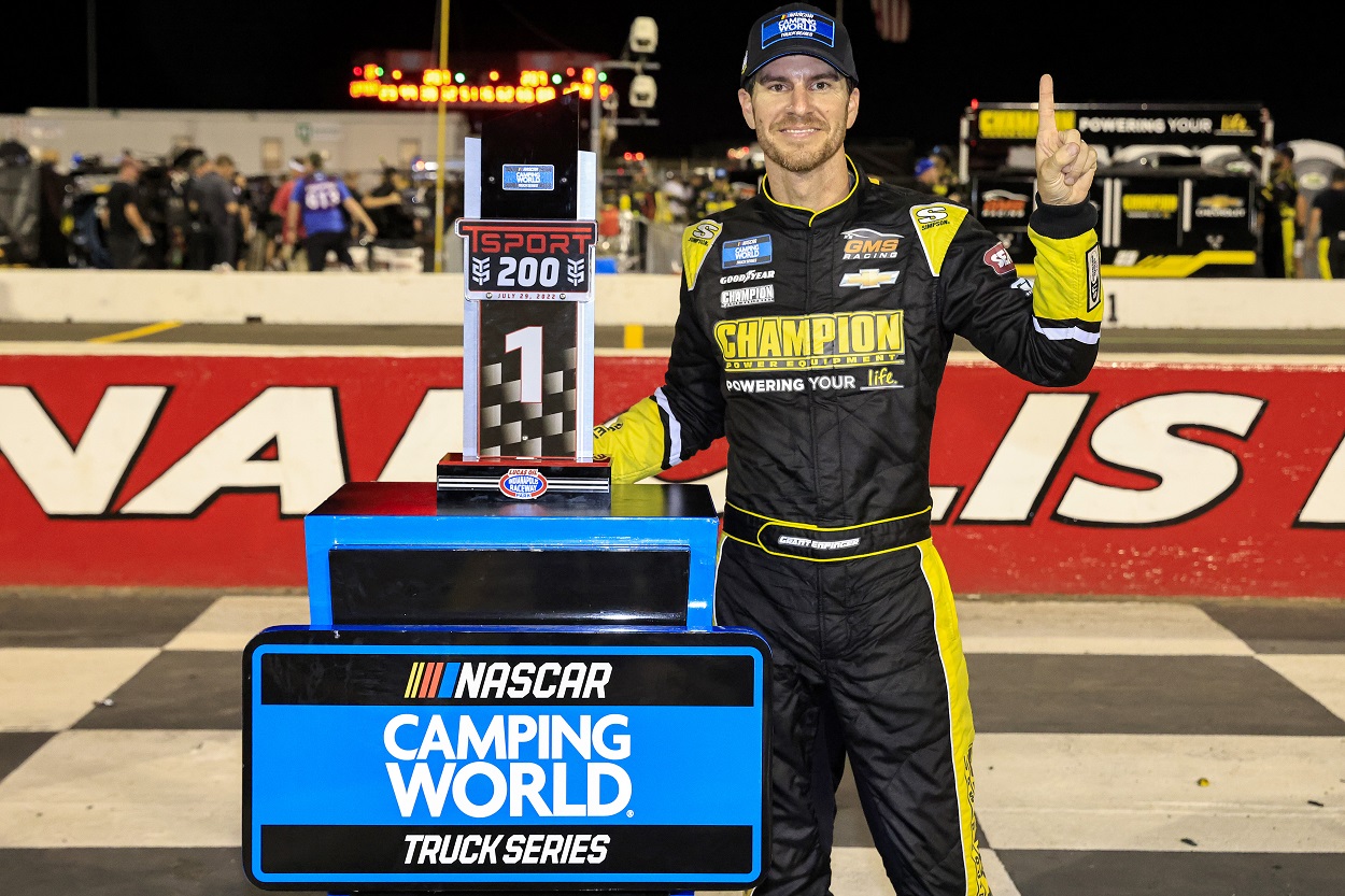 Grant Enfinger celebrates his win at the 2022 NASCAR Camping World Truck Series TSport 200