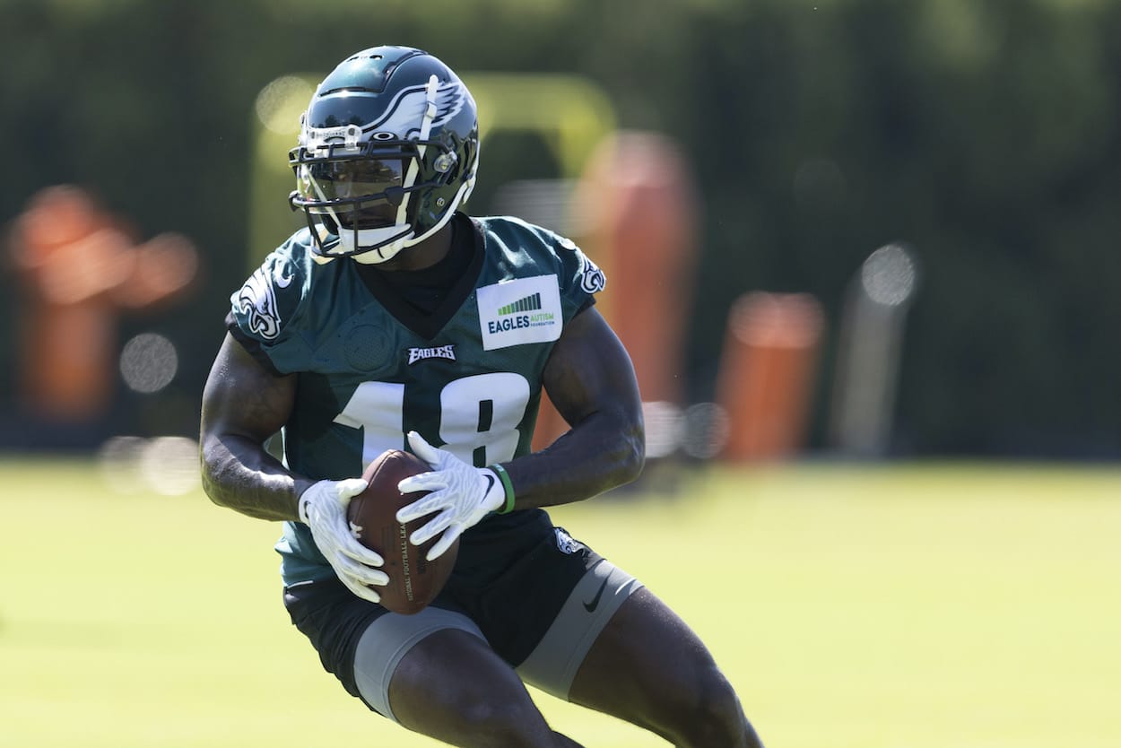 Jalen Reagor catches a pass during training camp.