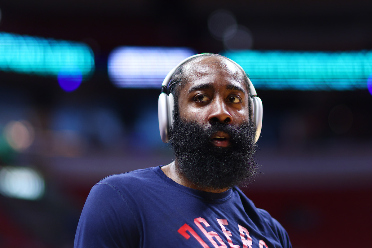 Philadelphia 76ers player James Harden warms up prior to the Eastern Conference Semifinals