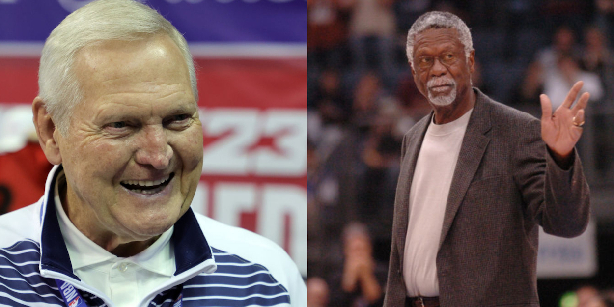 NBA legends Jerry West (L) and Bill Russell (R).