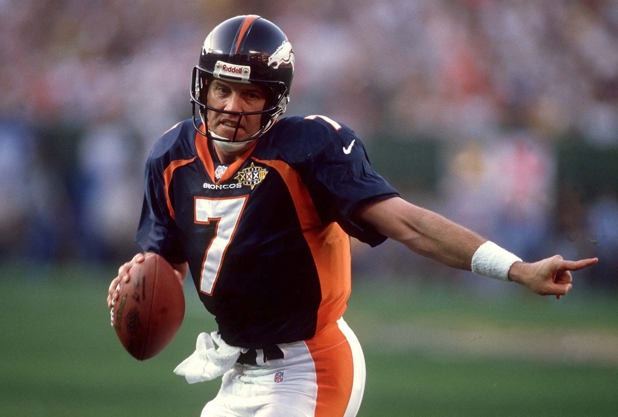 John Elway during the Denver Broncos' NFL Super Bowl matchup against the Green Bay Packers