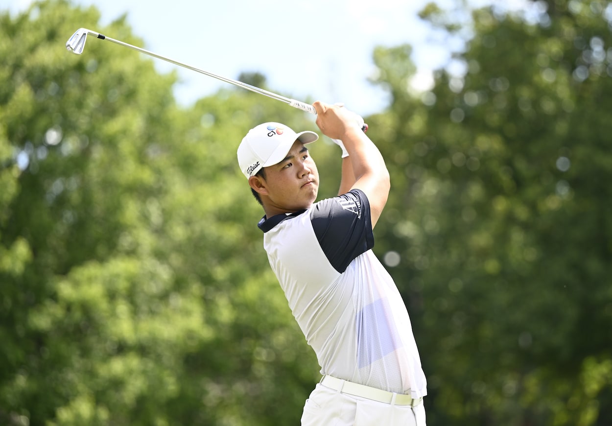 Joohyung Kim hits a shot during the Wyndham Championship.