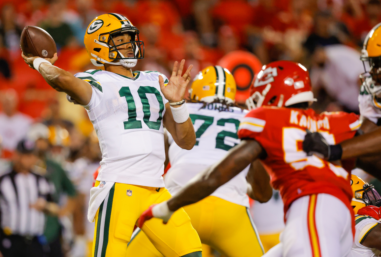 Jordan Love of the Green Bay Packers passes in the third quarter of a preseason game against the Kansas City Chiefs.