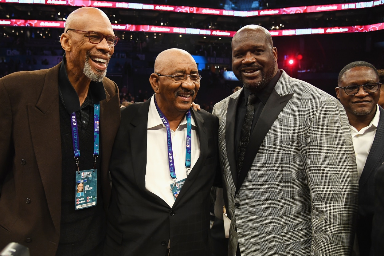 From left, Kareem Abdul-Jabbar, George Gervin, Shaquille O'Neal, and Dominique Wilkins attend the 2019 State Farm All-Star Saturday Night.