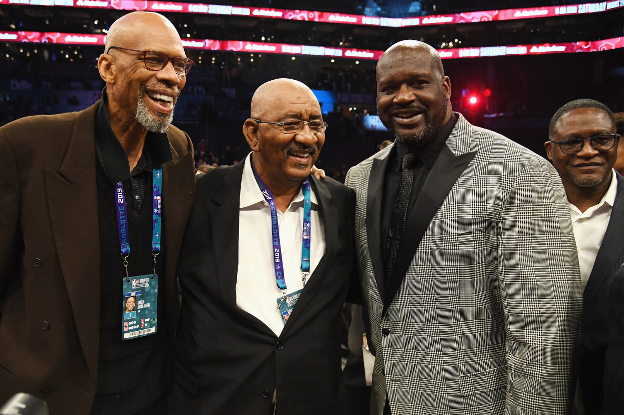 From left, Kareem Abdul-Jabbar, George Gervin, Shaquille O'Neal, and Dominique Wilkins attend the 2019 State Farm All-Star Saturday Night.