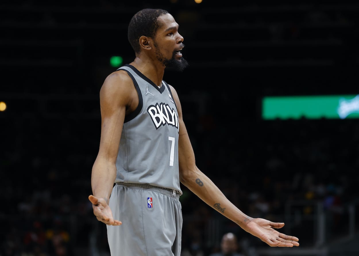 Kevin Durant reacts during a game against the Hawks.