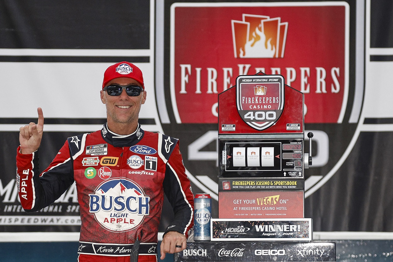 Kevin Harvick celebrates his win at the 2022 NASCAR Cup Series FireKeepers Casino 400 at Michigan International Speedway