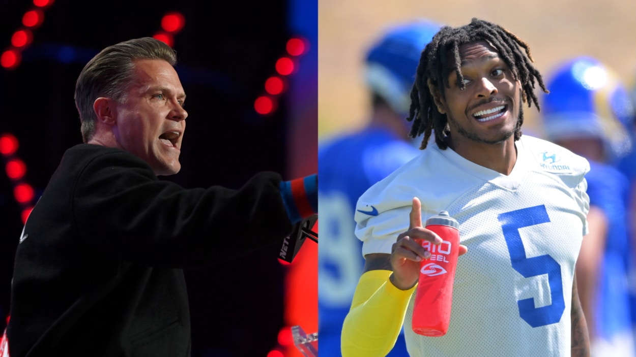 (L-R) NFL Network's Kyle Brandt; LA Rams Jalen Ramsey